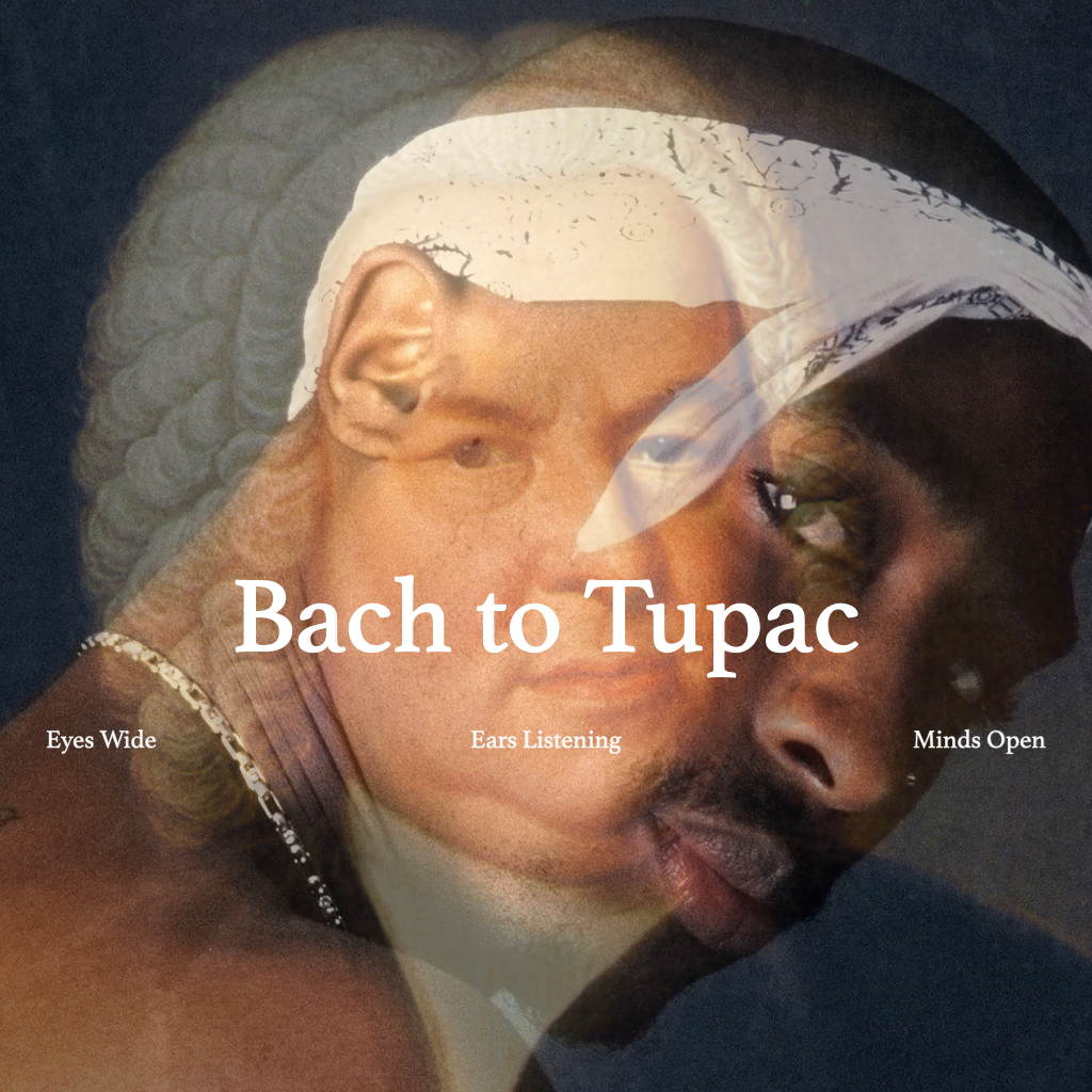 image of Bach to Tupac splash page, semi-transparent images of Bach and Tupac over each other