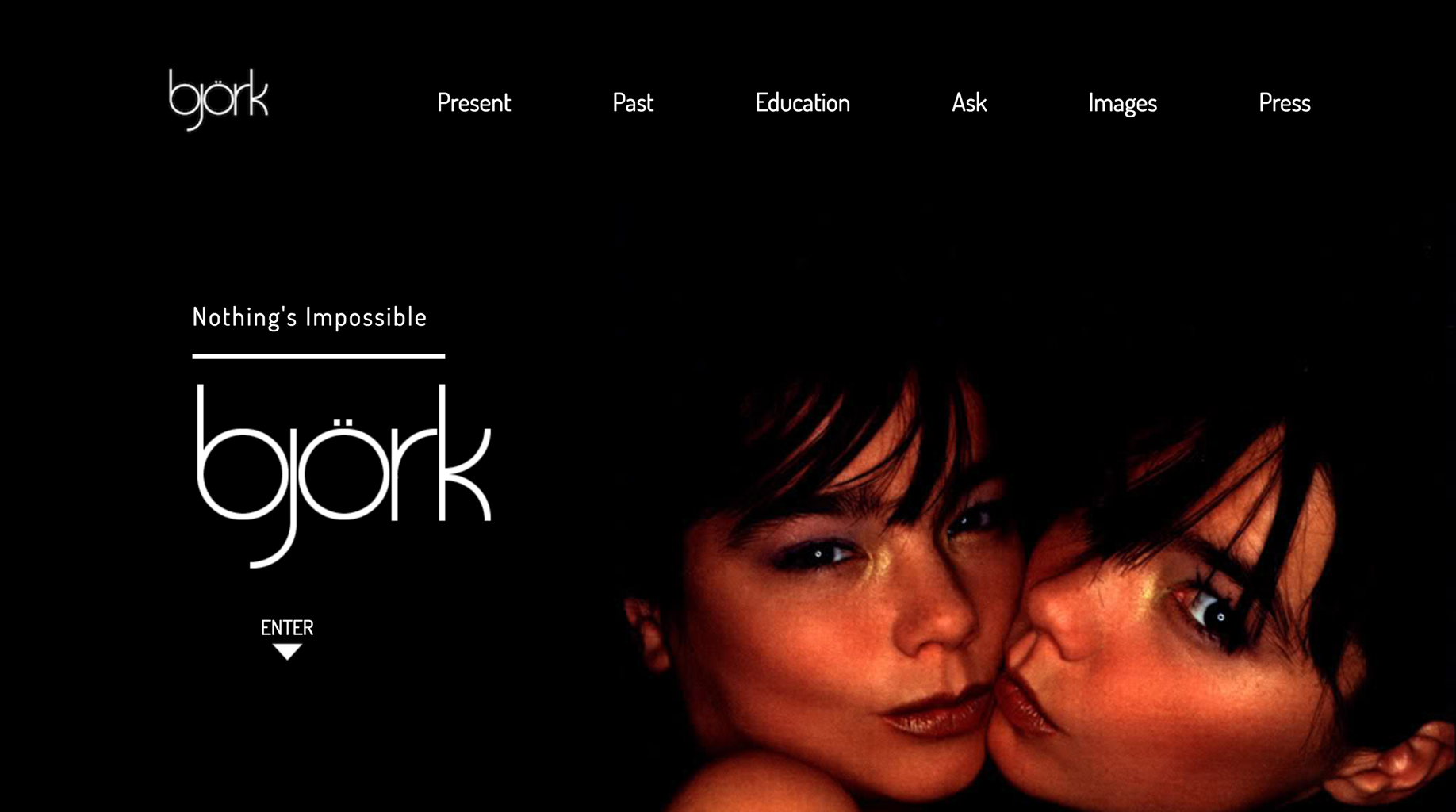 image of Bjork home page, 2 Bjorks cheek to cheek with black background, white  text